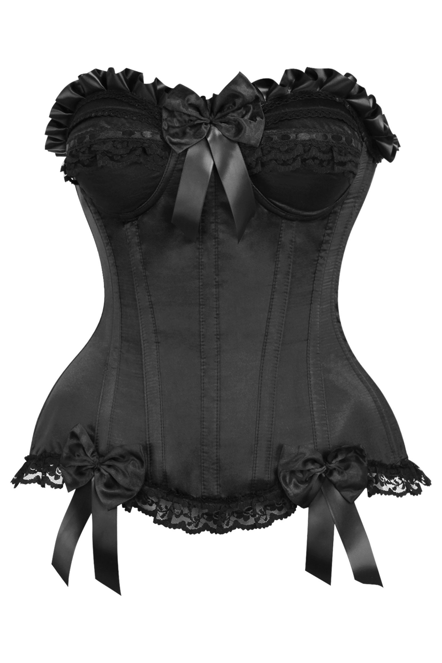 Vintage Chic Black Steel Boned Satin Corset with underwire cups, hidden side zipper, and lace-up back, offering structured support and a sleek silhouette.