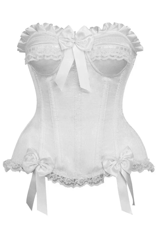 Top Drawer White Satin Steel Boned Burlesque Corset features a strapless design with lace trim, underwire cups, and satin bows. Includes spiral steel boning, hidden side zipper, and lace-up back for cinching.