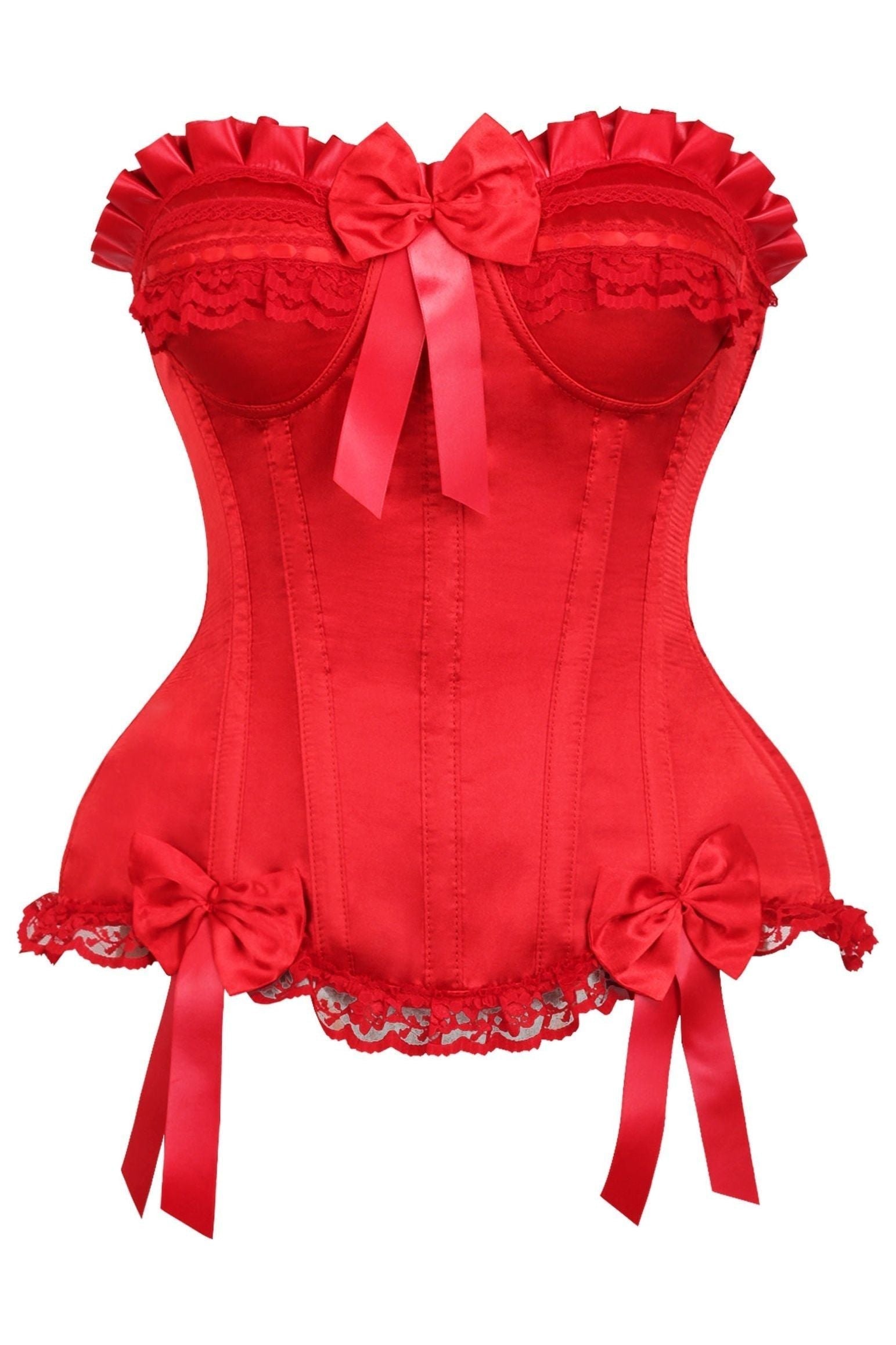 Vintage-Inspired Red Satin Burlesque Corset with underwire cups, spiral steel boning, hidden side zipper, and lace-up back for adjustable fit. Available in plus sizes.