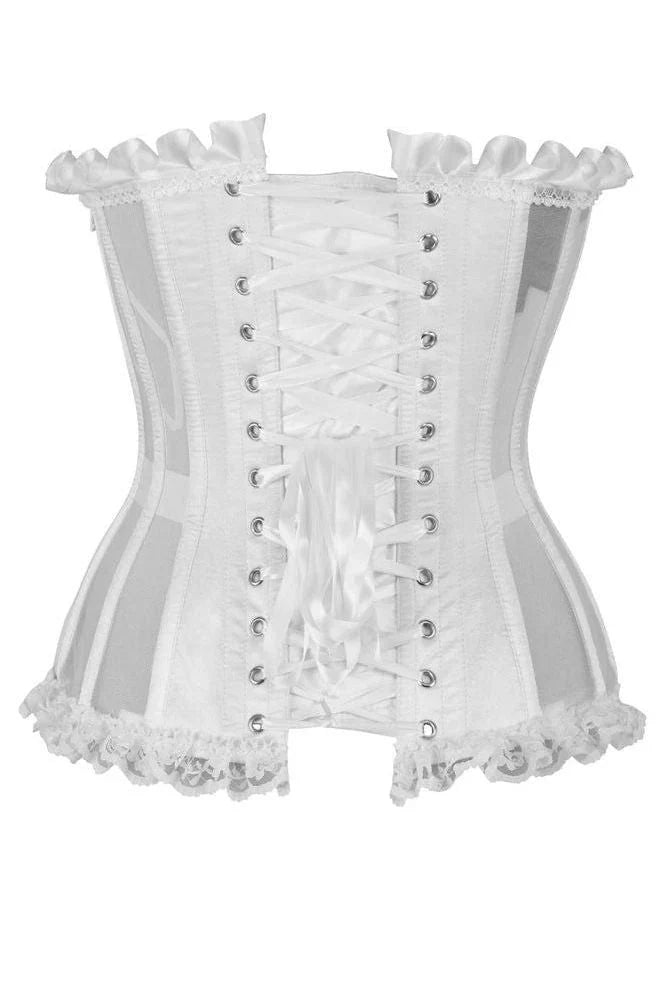 Top Drawer Steel Boned White Mesh Underwire Bustier Corset featuring a lace-up design, decorative ruffled trim, metal grommets, satin ribbons, and a side zipper for a structured, elegant silhouette.