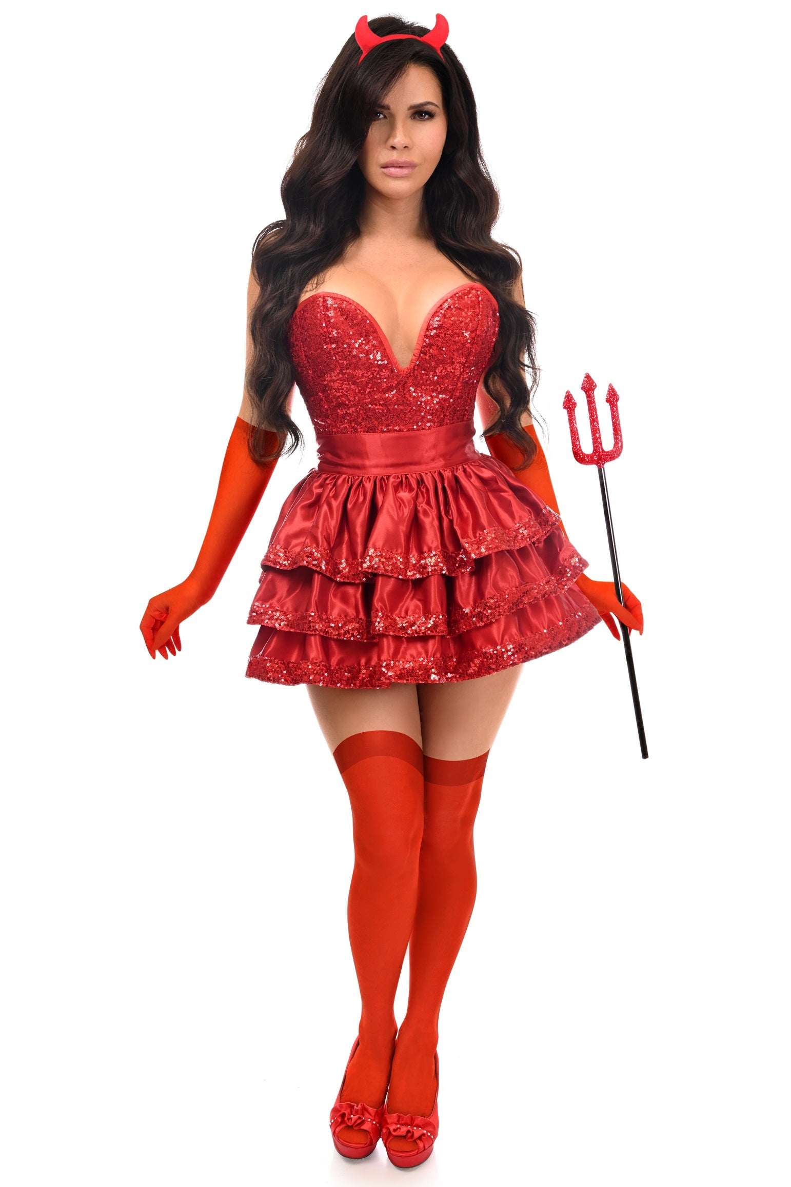 Person in the Glamorous 4 PC Corset Devil Costume with Accessories, featuring a sparkly bodice, tiered skirt, elbow-length gloves, thigh-high stockings, devil horns headband, trident, and high-heeled shoes.