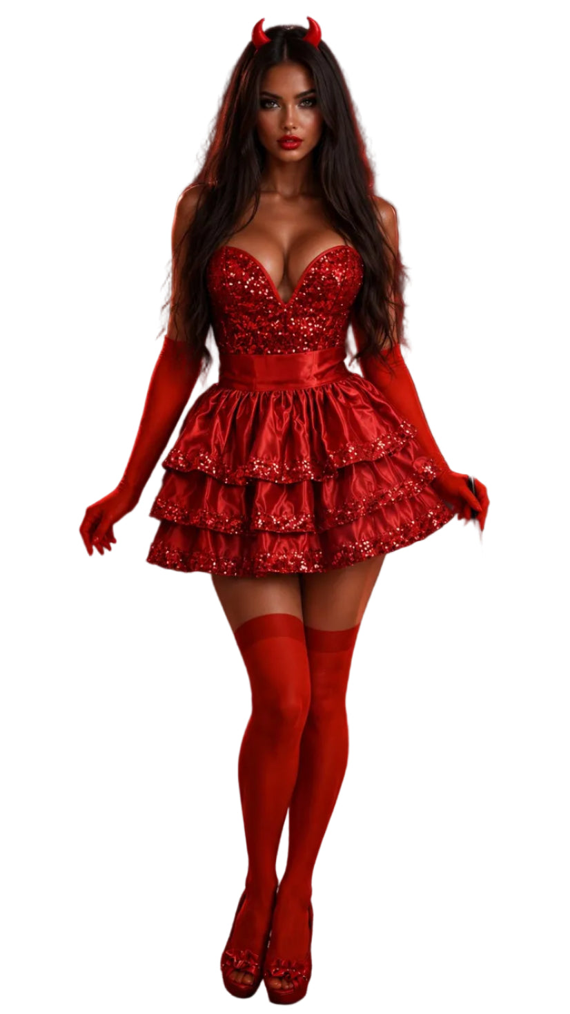 Red sequined corset devil costume with layered ruffle skirt, red stockings, and horn headband