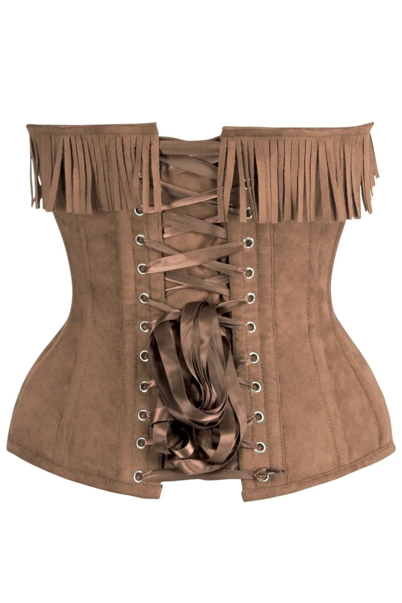 Top Drawer Tan Suede Steel Boned Overbust Corset w/Fringe features a brown suede-like fabric, lace-up front with metal grommets, matching fringe trim, and a curvy enhancing cut for a flattering fit.