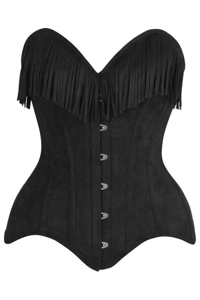 Top Drawer Black Suede Steel Boned Overbust Corset w/Fringe, featuring strapless design, sweetheart neckline, fringe trim, front busk closures, and lace-up back for a contoured hourglass silhouette.