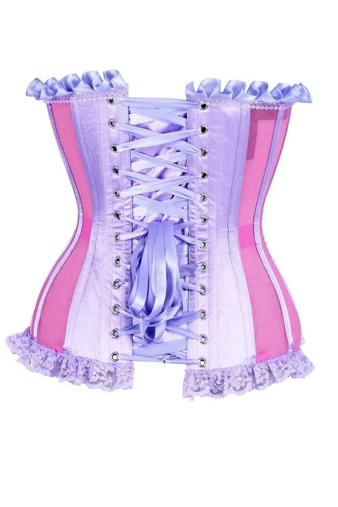 Top Drawer Steel Boned Pink/Purple Mesh Underwire Bustier Corset featuring lavender and pink fabric panels, silver grommets with a lavender satin ribbon, and trimmed with satin ruffle and lace hem.