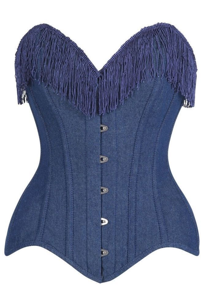 Top Drawer Dark Blue Denim Steel Boned Overbust Corset w/Fringe features a sweetheart neckline with purple fringe, front busk closure, vertical seams, and lace-up back for a curve-enhancing fit.