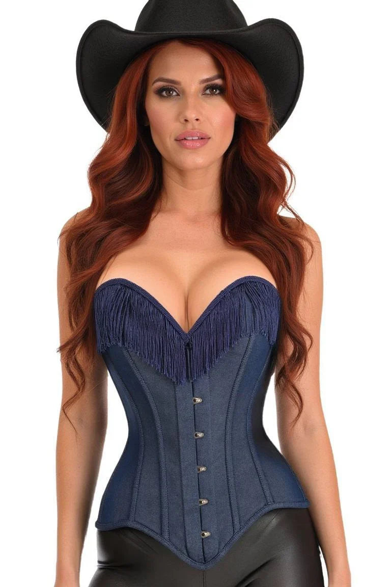 A person models the Top Drawer Dark Blue Denim Steel Boned Overbust Corset w/Fringe, featuring a sweetheart neckline, metal clasps, and fringe detail, paired with a black cowboy hat.