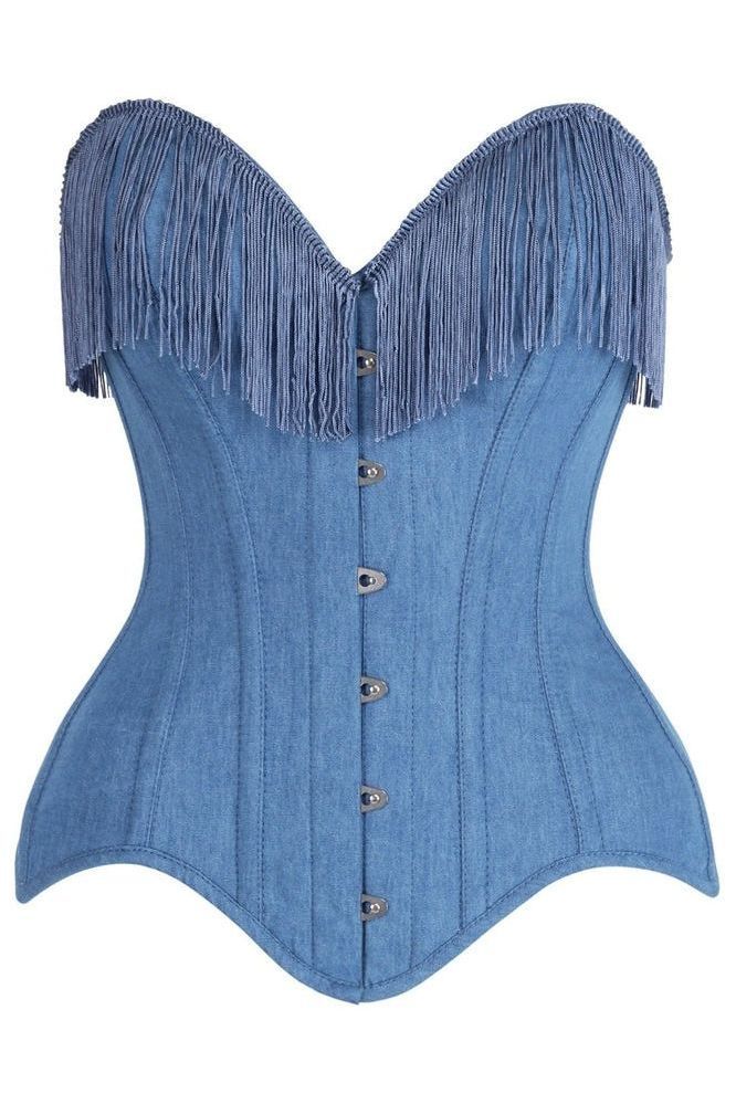 Top Drawer Blue Denim Steel Boned Overbust Corset w/Fringe features a strapless design, sweetheart neckline with fringe trim, front metal busk closure, pronounced waist shaping, and flared hips for a curve-enhancing silhouette.