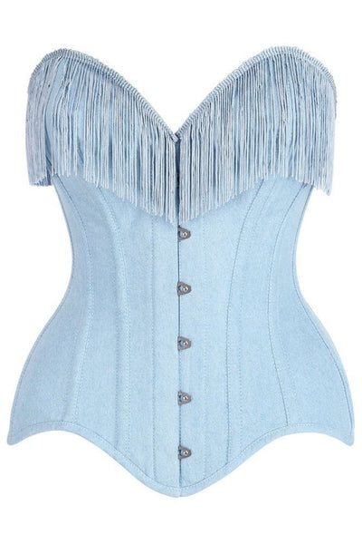 Top Drawer Light Blue Denim Steel Boned Overbust Corset w/Fringe features a strapless design, sweetheart neckline with denim fringe, front busk closure, and boning seams, complemented by a lace-up back for shaping.