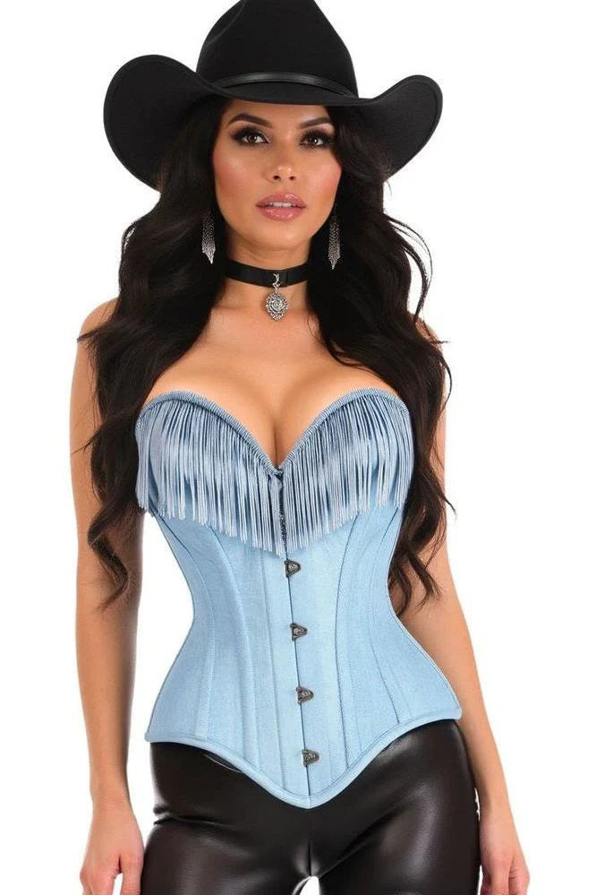 Model wears the Top Drawer Light Blue Denim Steel Boned Overbust Corset w/Fringe, featuring silver busk closures, a flattering sweetheart neckline, and tailored fit, paired with black leather-look pants.