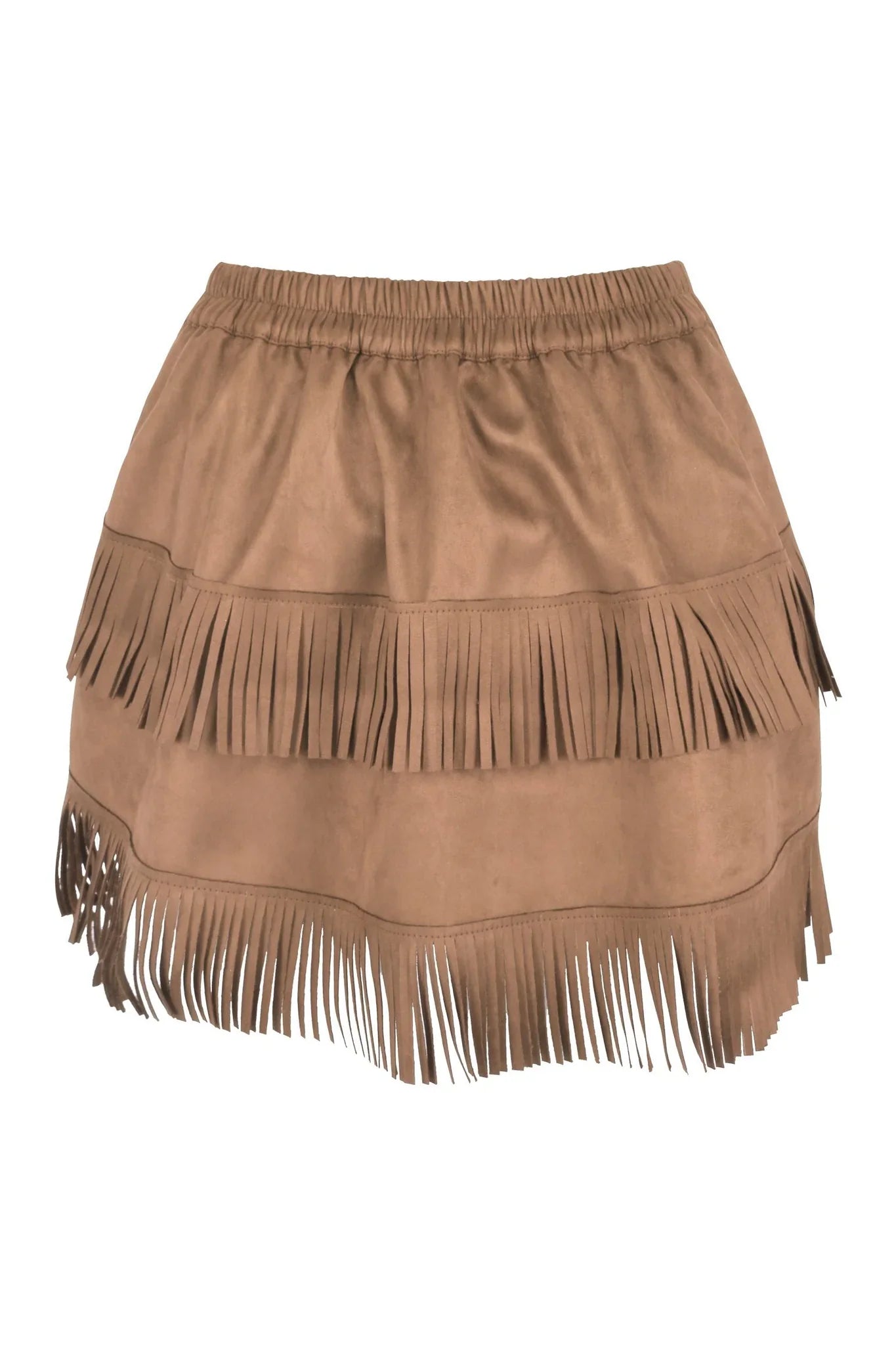 Top Drawer 4 PC Premium Tan Suede Fringe Cowgirl Corset Costume featuring a mini-length skirt with elastic waistband, two-tier fringe hem, and a boho style, perfect for western-themed events.