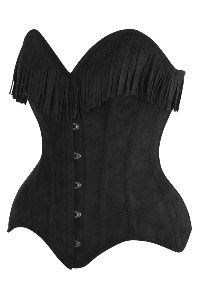 The Top Drawer 4 PC Premium Black Suede Fringe Cowgirl Corset Costume features a black, strapless corset-style top with fringe trim, steel boning, and a privacy panel for flattering shape.