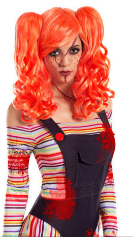 Close-up of a woman wearing the Killer Doll Wig, showcasing its vibrant orange hue and realistic texture. Made from 100% polyester, styled to mimic a striking hairpiece.