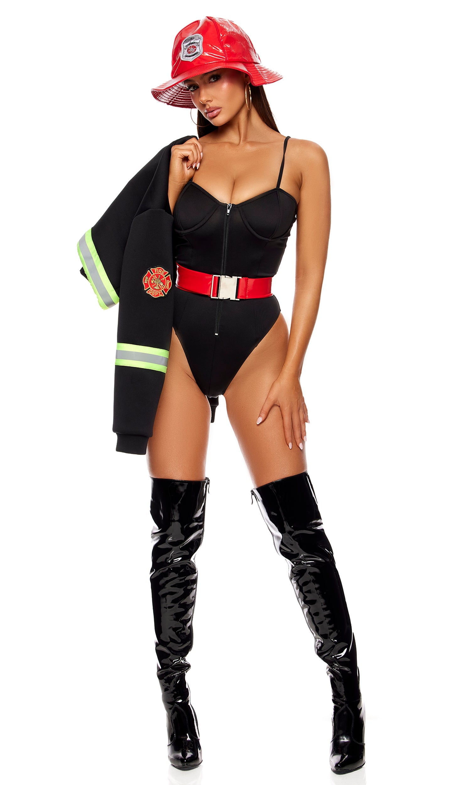 Black Backdraft Firewoman Halloween Costume with Jacket and Vinyl Hat