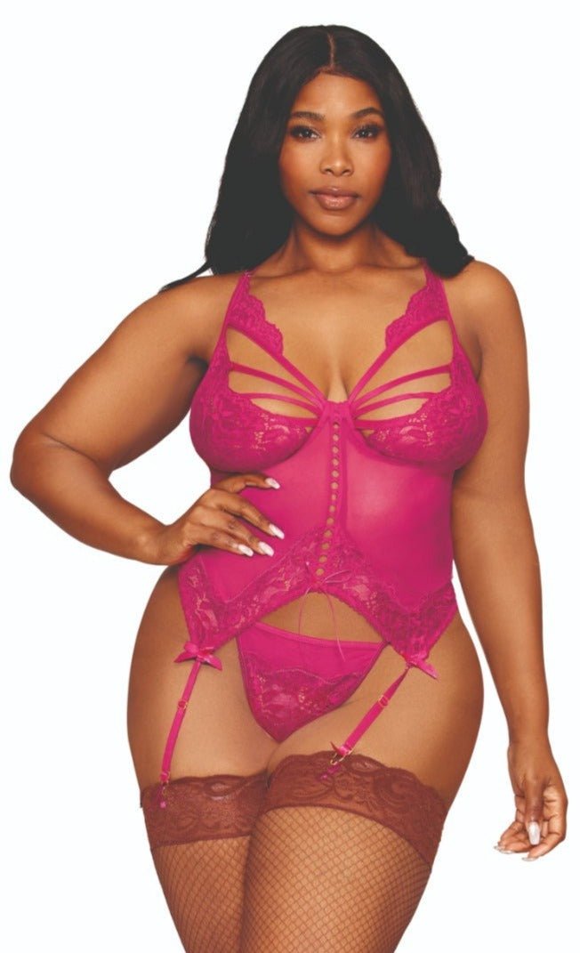 Curvy Open Cup Bralette & Open Crotch Thong Lingerie set featuring floral lace, wireless cups, strappy details, and adjustable straps, modeled by a woman.