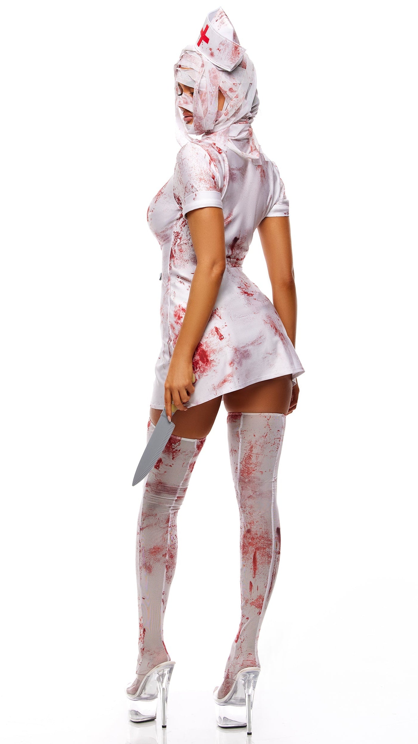 Blood Splatter Bubble Head Nurse Halloween Costume with Bloody Stockings
