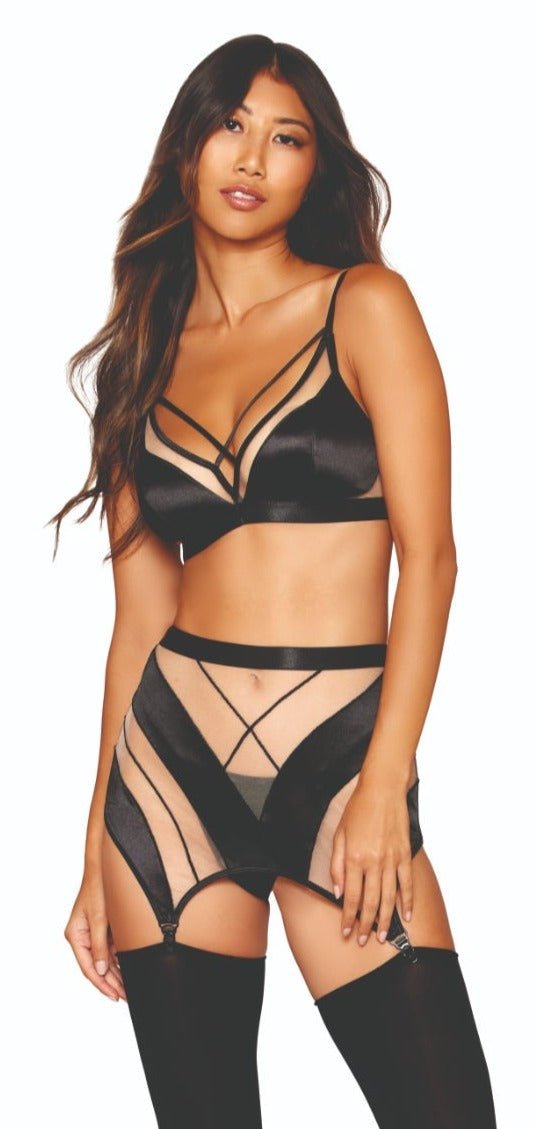 Fashion Sheer Bralette & Garter Lingerie Ensemble featuring a foam cup bralette, sheer panel garter skirt, and matching G-string worn by a model.