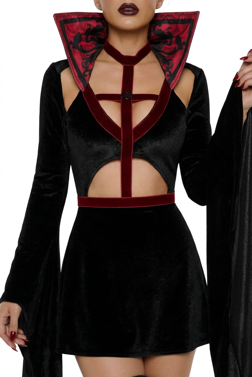 Black gothic vampire mini dress with red trim, high slit sleeves, front cutout neckline