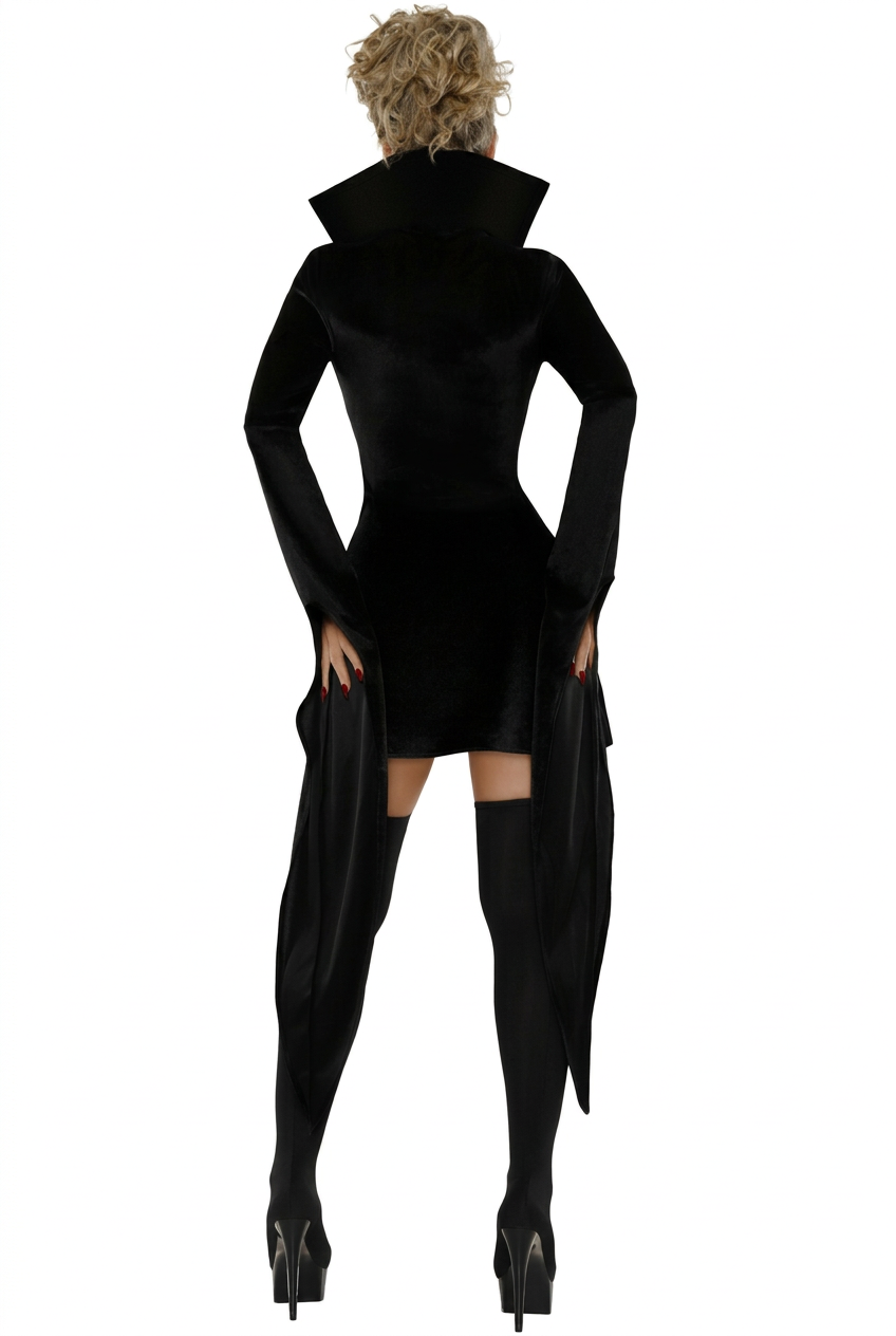 Black velvet vampire mini dress with tall high collar and draped side panels