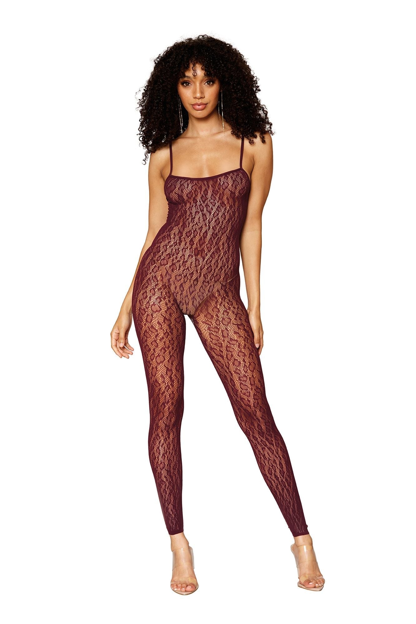 Woman modeling Leopard Print Footless Bodystocking and Gloves Shrug Ensemble, featuring spaghetti straps and attached gloves, showcasing a chic, bold statement.