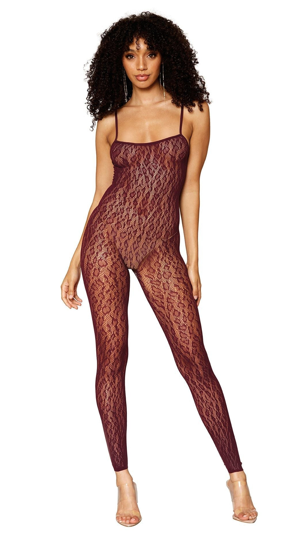 Woman modeling Leopard Print Footless Bodystocking and Gloves Shrug Ensemble, featuring spaghetti straps and attached gloves, showcasing a chic, bold statement.
