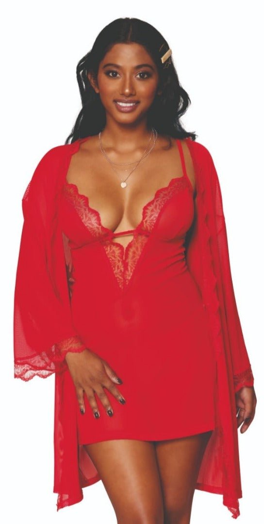 Woman modeling the Mesh Chemise and Robe Gift Set, featuring a stretch mesh design with scalloped lace trim, adjustable straps, and U-back hook closure.