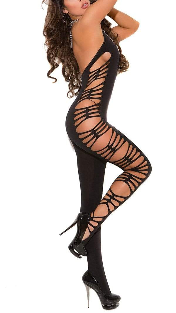 Monte Carlo Deep V Bodystocking featuring a profile view of a woman in a black bodysuit with side cut-outs, paired with shiny stiletto heels, highlighting its form-fitting and sensual design.