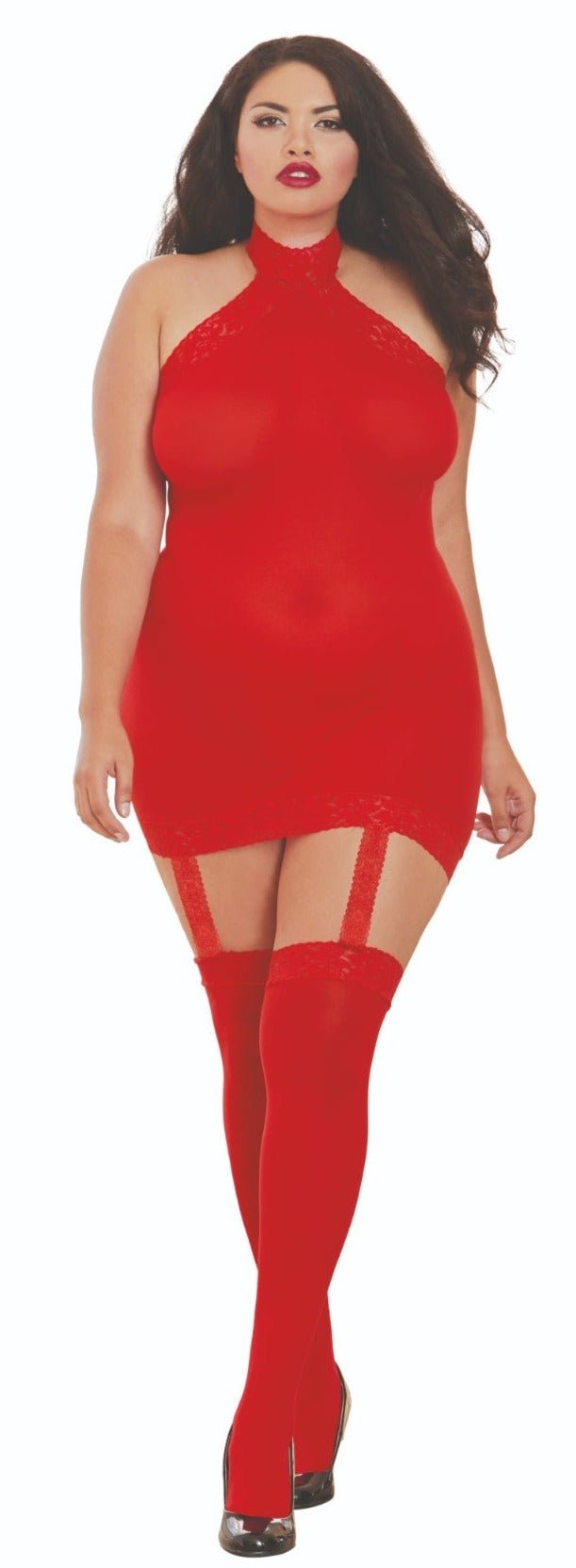 Plus Size Garter Bodystocking Dress with Thigh Highs, featuring a halter design, attached garters, and stretch lace trims for a chic, playful look.