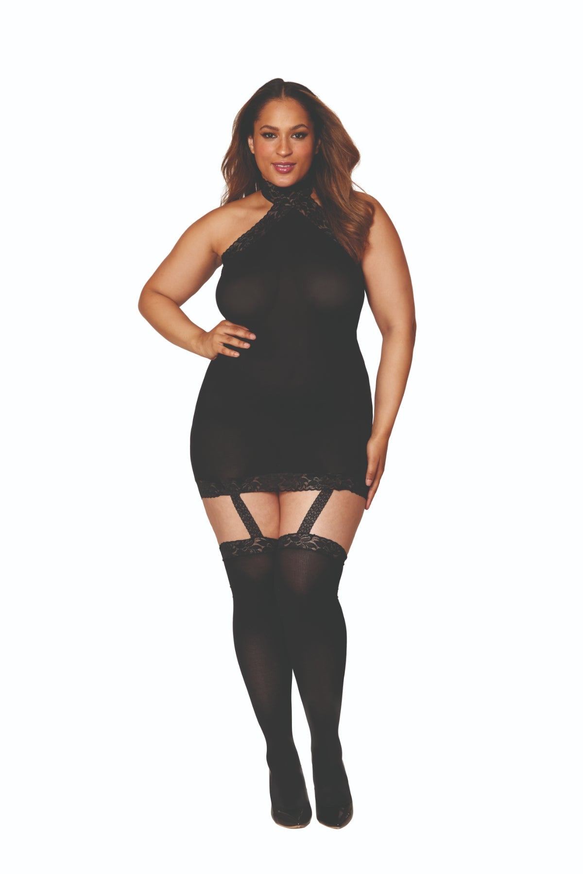 Plus Size Garter Bodystocking Dress with Thigh Highs Musotica.com