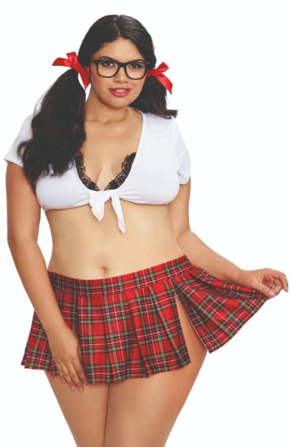 Plus Size Learning Curve Lingerie Costume featuring a lace crop top, plaid mini-skirt with slit, matching hair ribbons, and novelty glasses modeled by a woman.