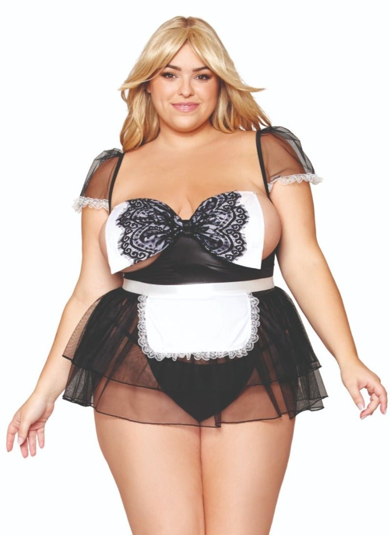 Plus Size Naughty Maid Mesh Babydoll Costume featuring underwire open cups, large bow, cap sleeves, and double layer mesh skirt with adjustable apron and tie-back closures.