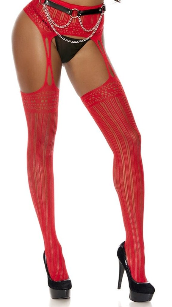 Woman wearing Red Vertical Striped Crochet Pantyhose, styled with black high-heeled shoes, highlighting the hosiery's intricate suspender design. Accessories not included.