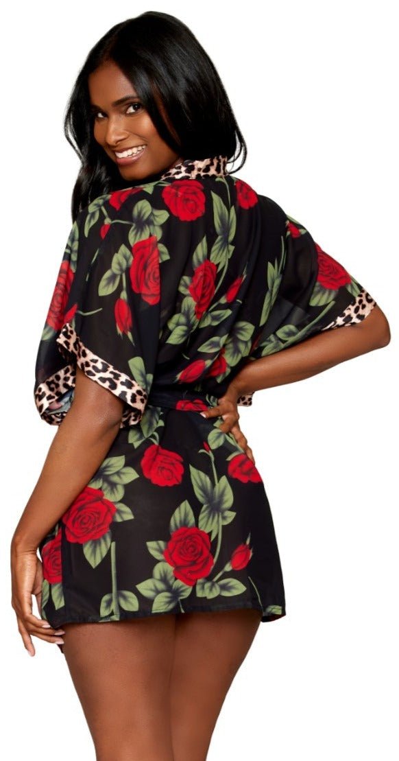 Rose Print Chiffon Robe & Leopard Print Teddy Set Musotica.com