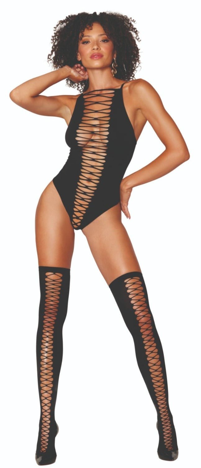 Woman modeling the Seamless Crisscross Bodysuit and Stockings Set, featuring crisscross details and high-neck styling with matching stockings.