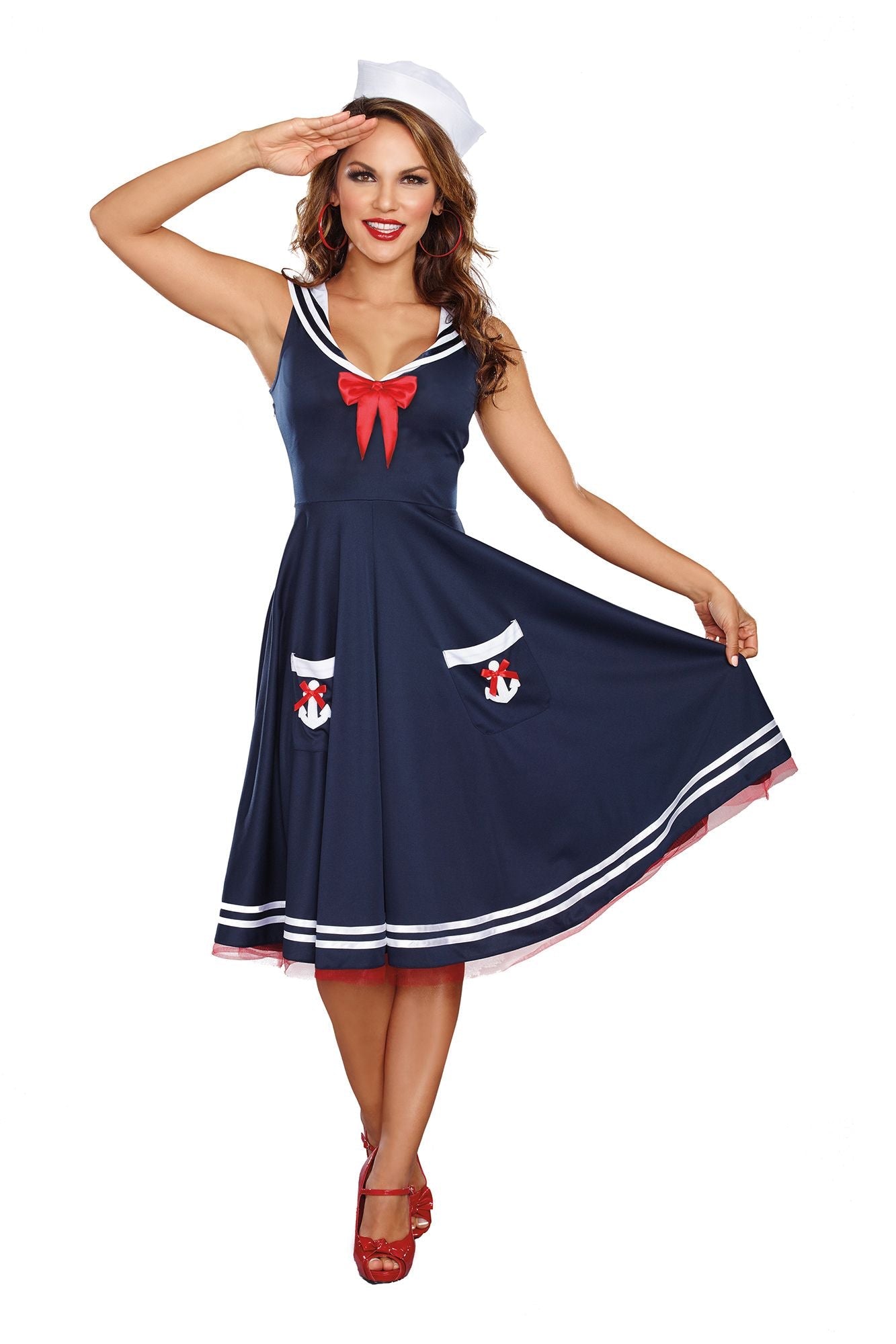 Sexy All Aboard Women's Costume featuring a sailor collar, sequin anchors, full circle skirt, and sailor hat, perfect for theme parties and cosplay.