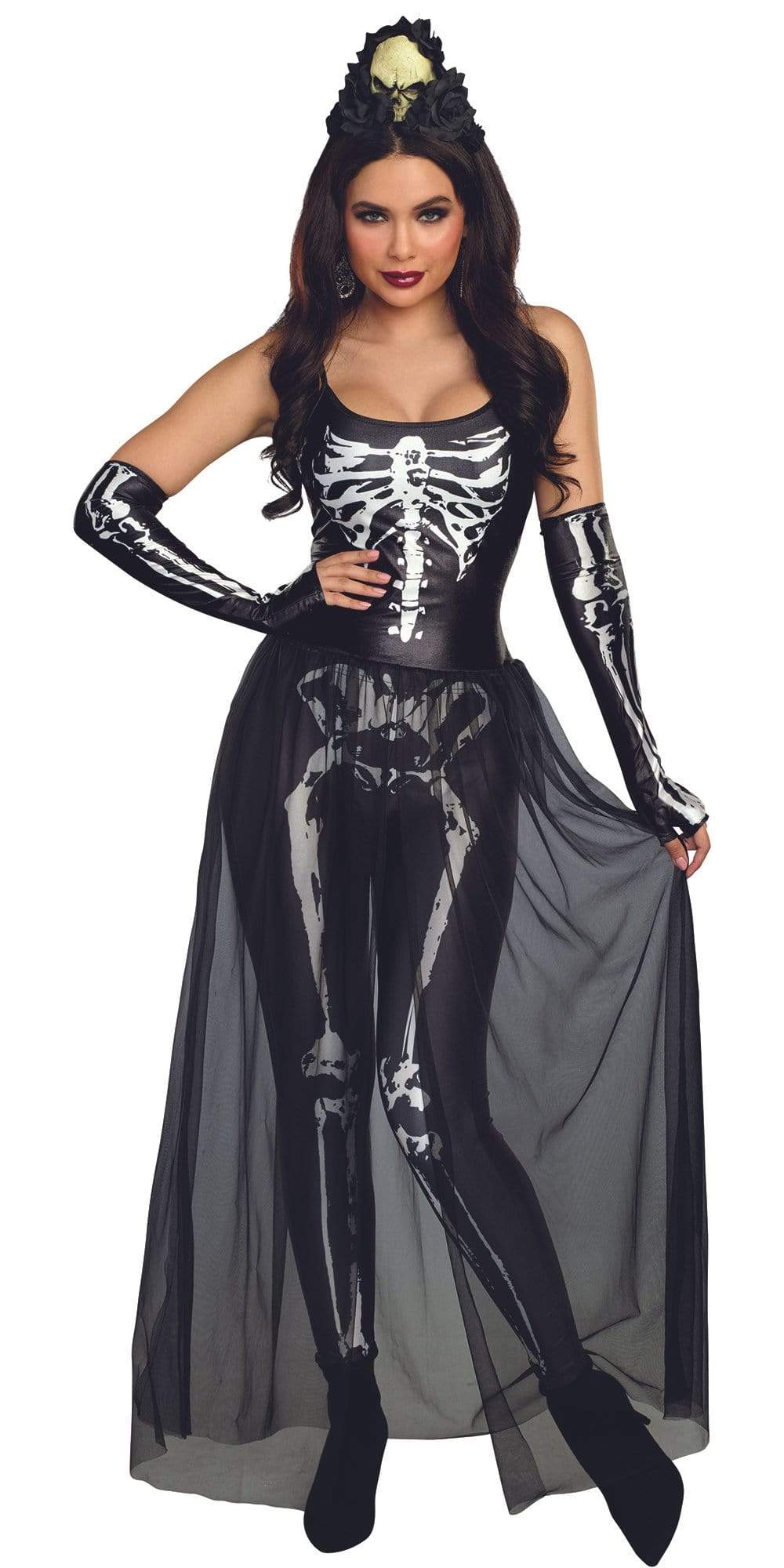 Sexy Bare Bones Babe Skeleton Women's Costume featuring a sheer skirt, skeleton-print top, skull and rose headpiece, with leggings and gloves, ideal for Halloween or cosplay.