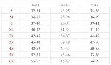 Charming 4 PC Satin White Burlesque Bunny Costume size chart, showing bust, waist, and hip measurements for sizes S through 6X, detailing fit for each size, supporting a tailored costume look.