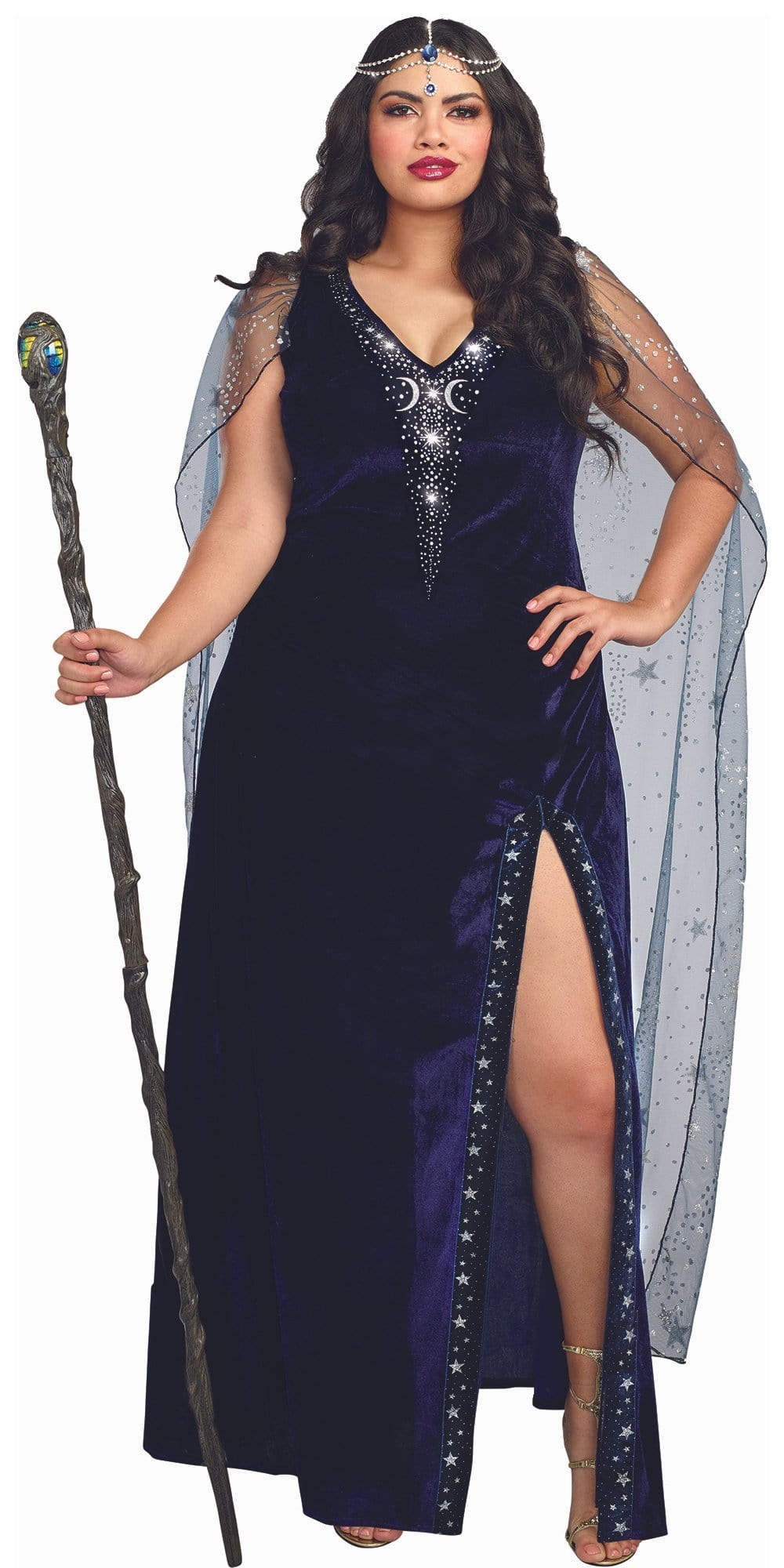 Sexy Plus Size Sorceress Dramatic Velvet Women's Costume with a blue velvet gown, sheer cape, and rhinestone headpiece. Perfect for Halloween and cosplay.