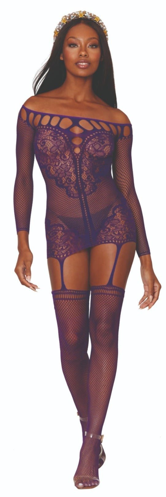 Woman modeling the Sexy Scalloped Lace Bodystocking Garter Dress with intricate lace, attached stockings, off-the-shoulder neckline, and peek-a-boo detail.