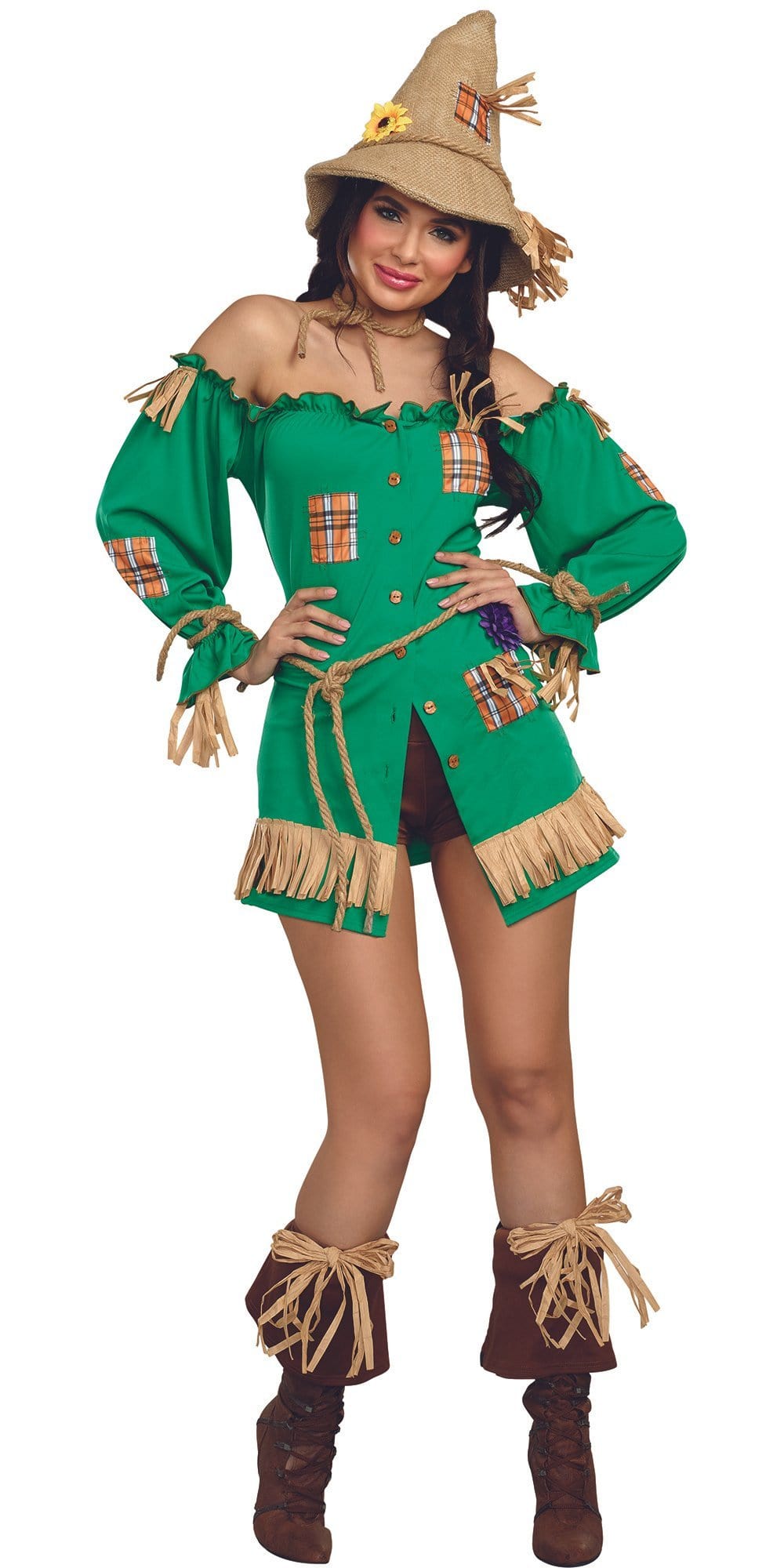 Sexy Scarecrow Storybook Women's Costume featuring off-the-shoulder dress, plaid patches, straw trim, and hat with yellow flower, accessorized with belt and wrist ties.