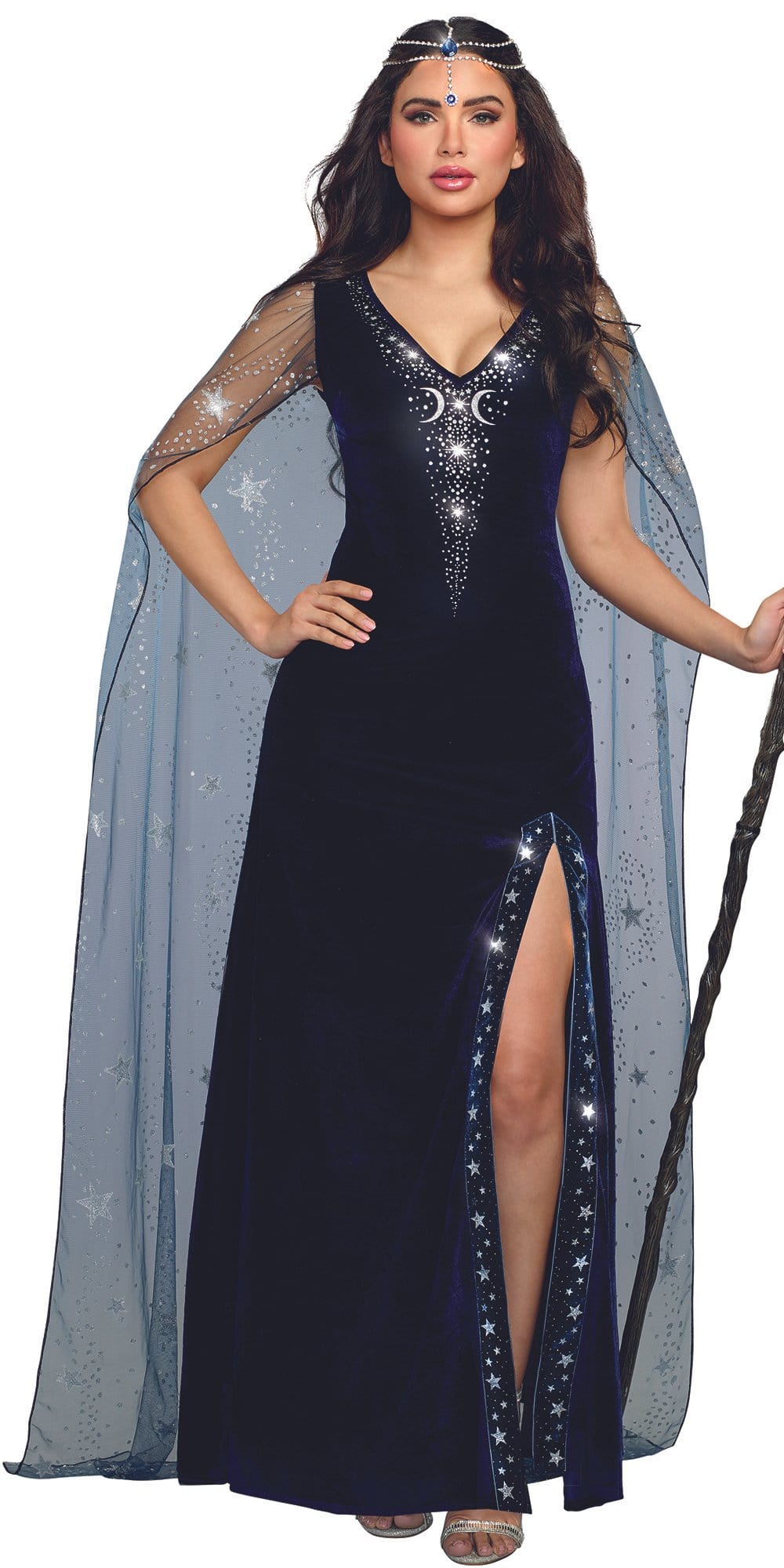 Woman in Sexy Sorceress Dramatic Velvet Costume with silver mystical-print cape and rhinestone headpiece, showcasing a magical-themed Halloween or cosplay outfit.