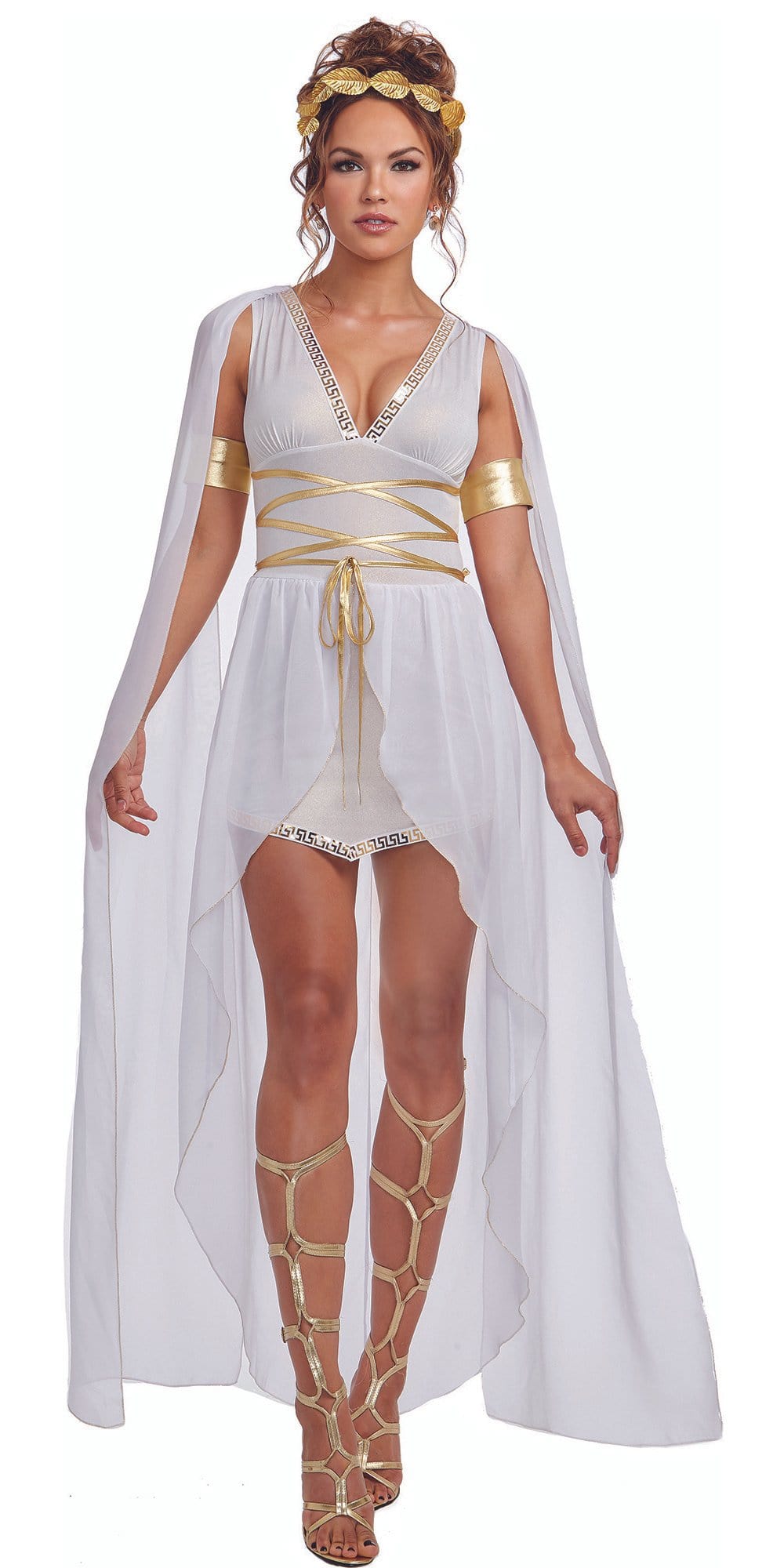 Sexy Venus Women's Costume featuring a white dress with gold trim, sheer over skirt, gold leaf headpiece, and armbands for a goddess-like appearance.
