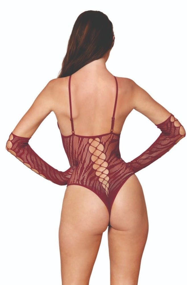 Sexy Zebra Print Fishnet Teddy Set with Gloves Musotica.com