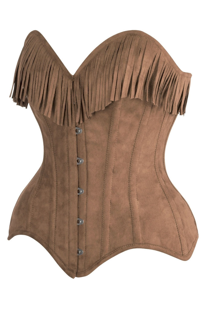 Top Drawer 4 PC Premium Tan Suede Fringe Cowgirl Corset Costume features a suede-like underbust corset with sweetheart neckline, long fringe trim, vertical seaming, and metal busk closure.