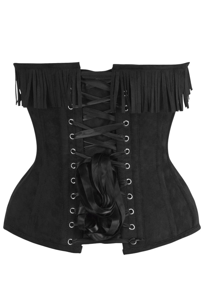 Top Drawer 4 PC Premium Black Suede Fringe Cowgirl Corset Costume showcasing a black off-shoulder corset with fringe trim, satin lace-up closure, ideal for a bold, western-themed look.