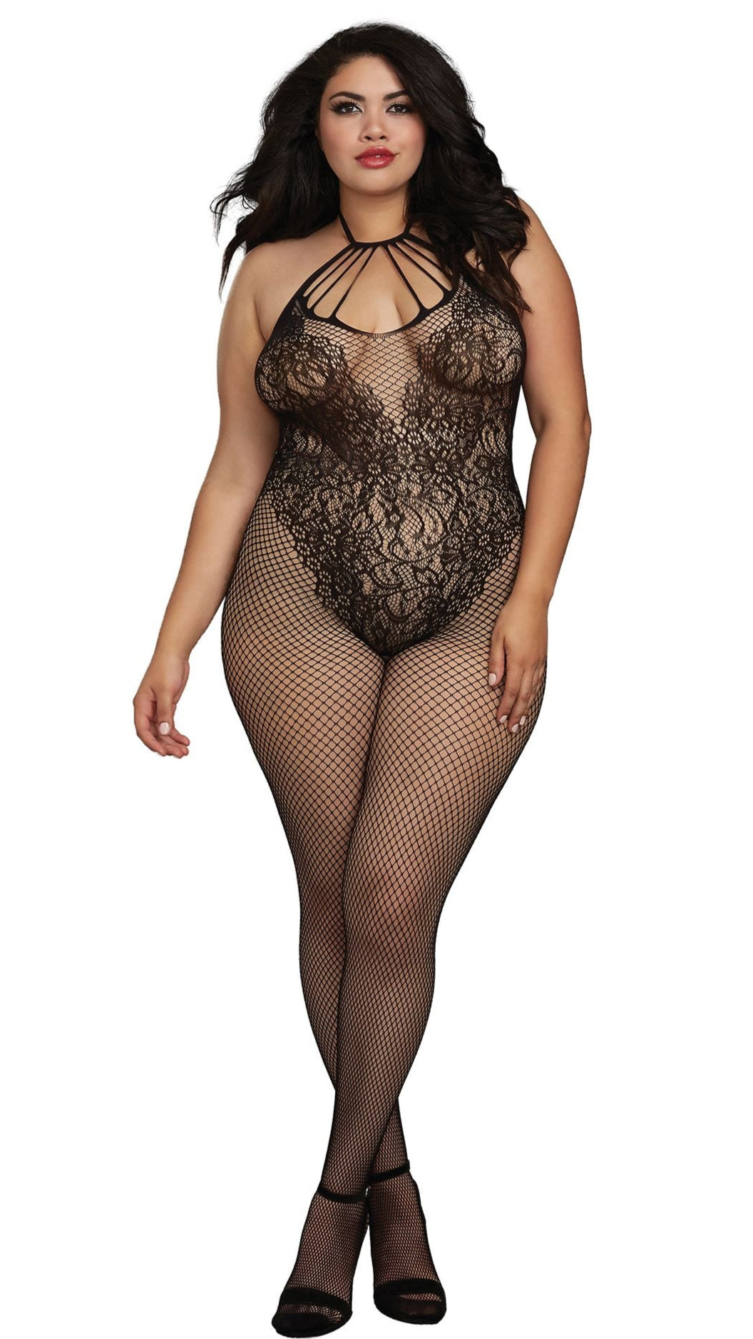 Woman modeling the Plus Size Netted Bodystocking with Teddy Detail, showcasing its fishnet design and adjustable halter neck, perfect for enhancing curves.