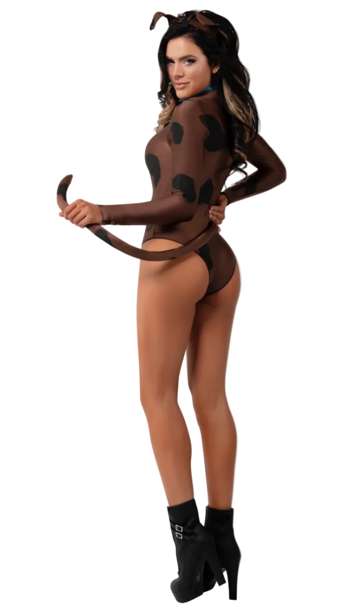 Brown-and-black spotted puppy romper with ears, tail, and blue zipper front