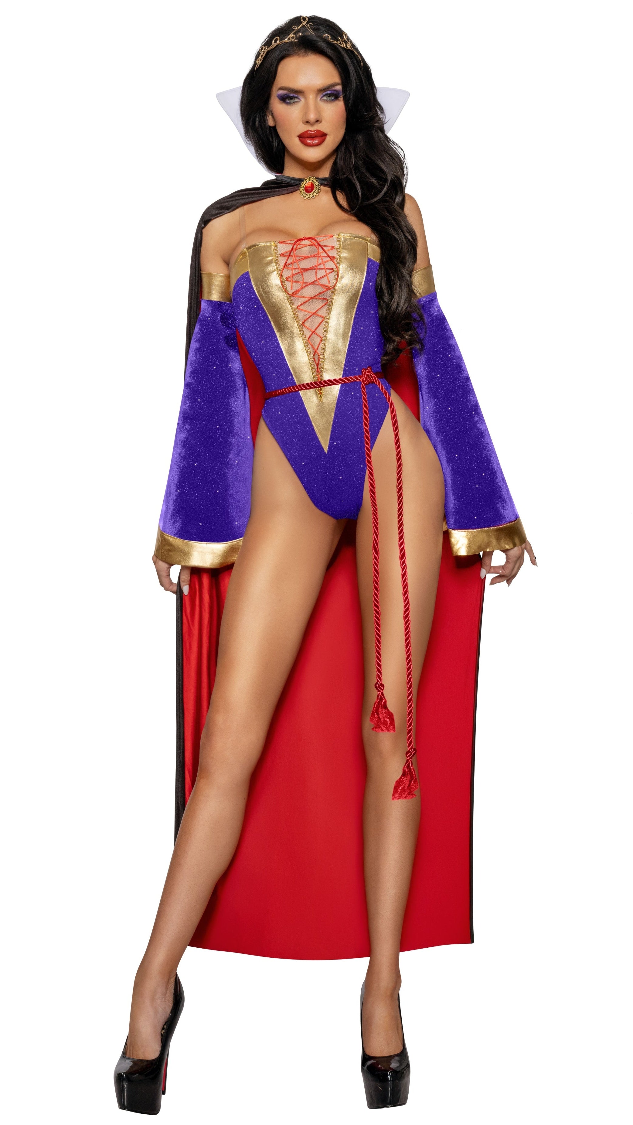 Velvet Halloween queen costume with purple cape sleeves, red skirt, blue corset bodice