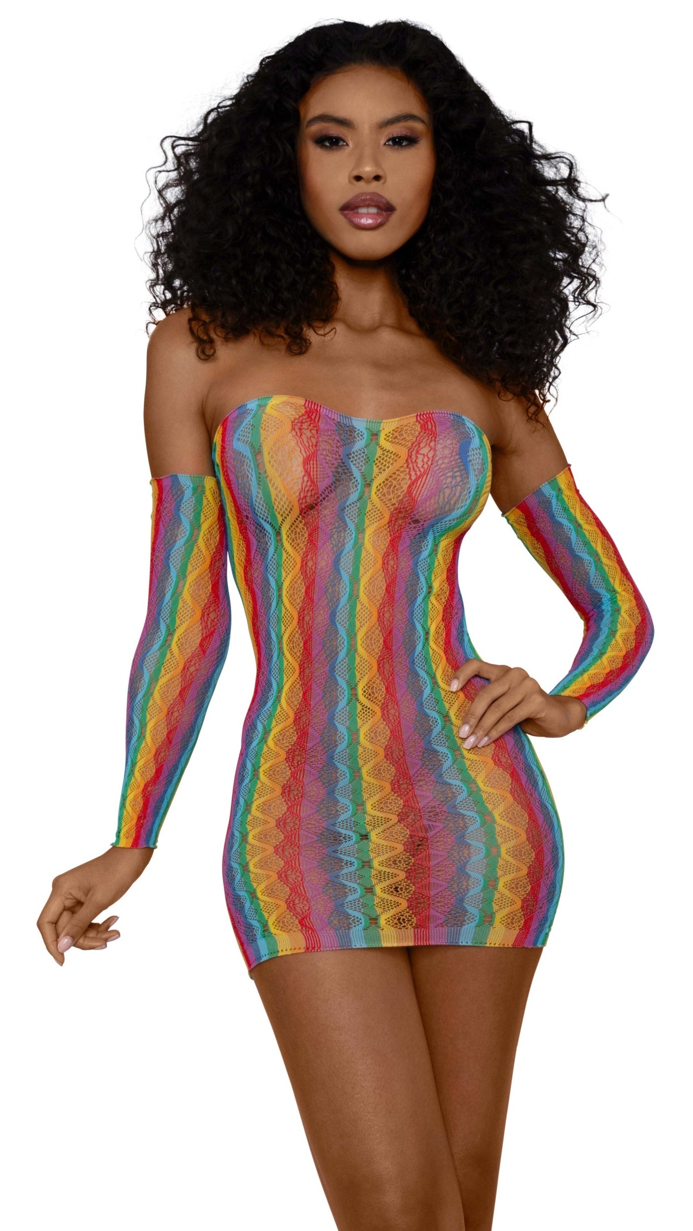 Rainbow Fishnet Mini Dress with Arm Warmers