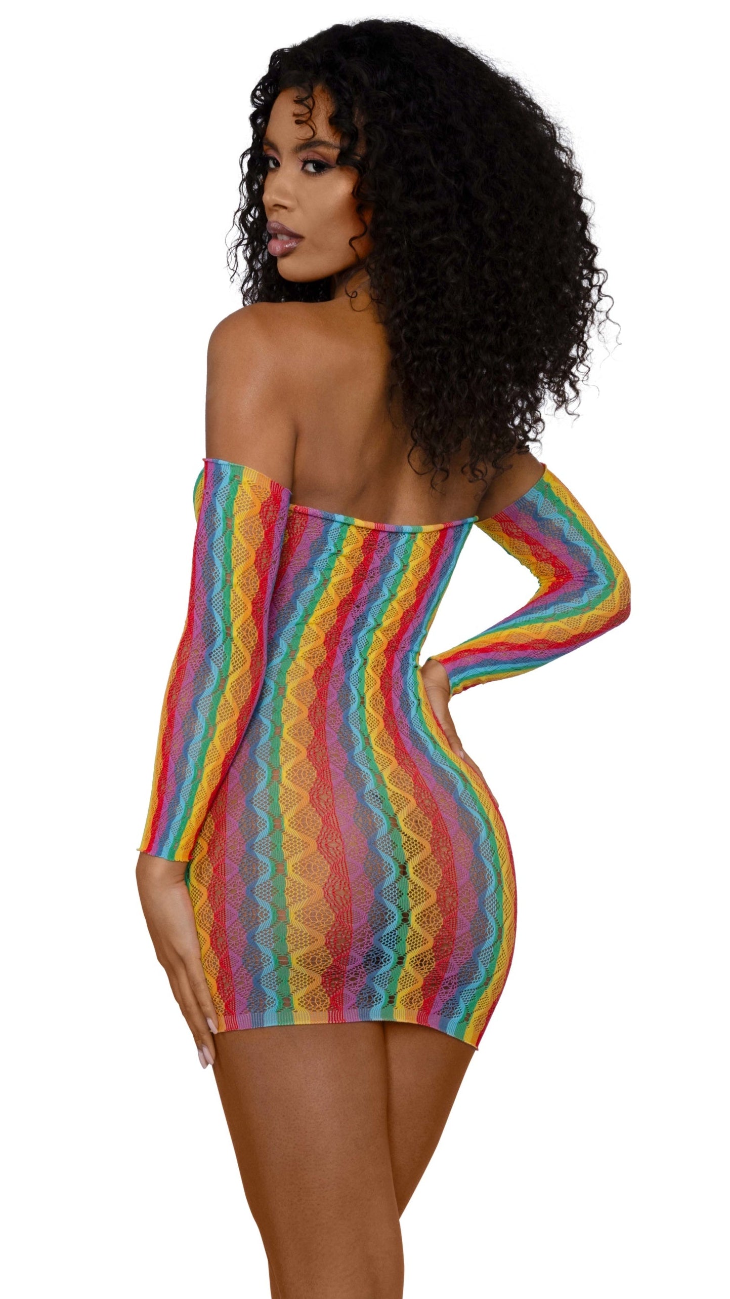 Rainbow Fishnet Mini Dress with Arm Warmers
